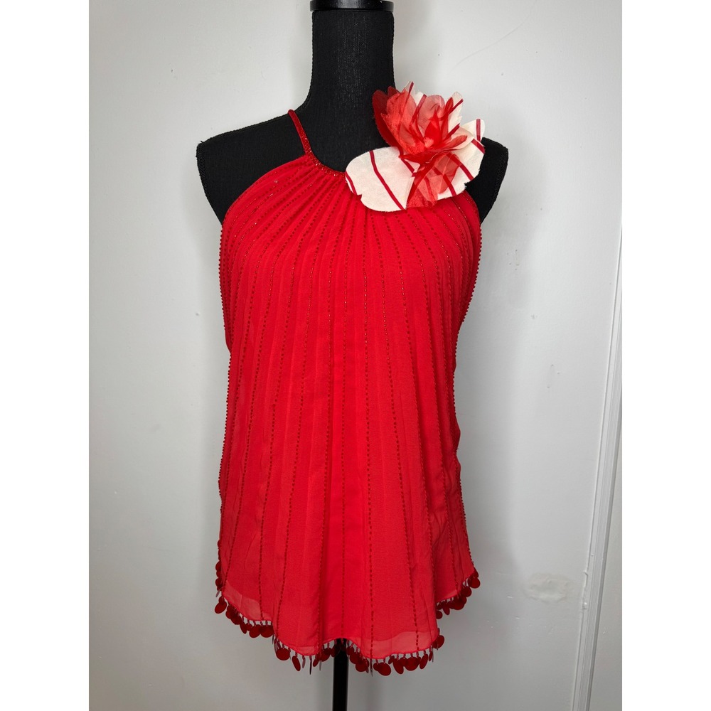 Red Beaded Halter Top Y2K Designer Backless Flower Sequin Hem Blouse
